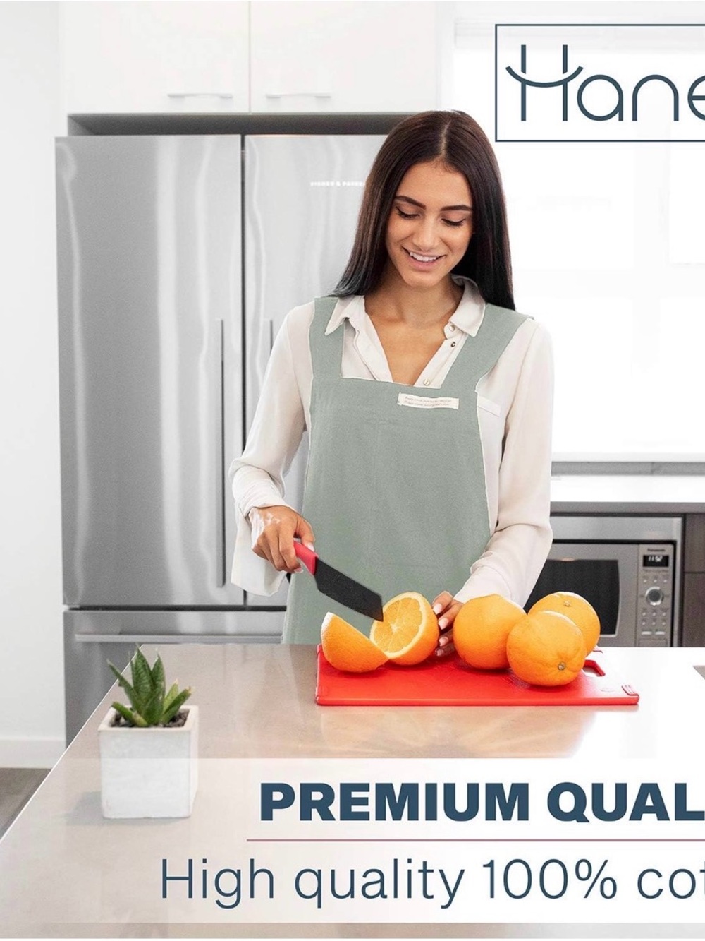 Hanee Sage Green Cotton Kitchen Apron with Square Bib - Size Med